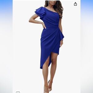 One Shoulder Cocktail Dress Ruffle Sleeve Wrap Ruched Bodycon Short